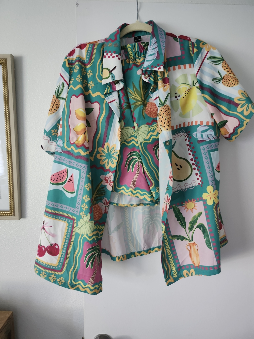 Women's Tropical Fruit Print Short Sleeve Shirt With Shorts Teal & Pink
